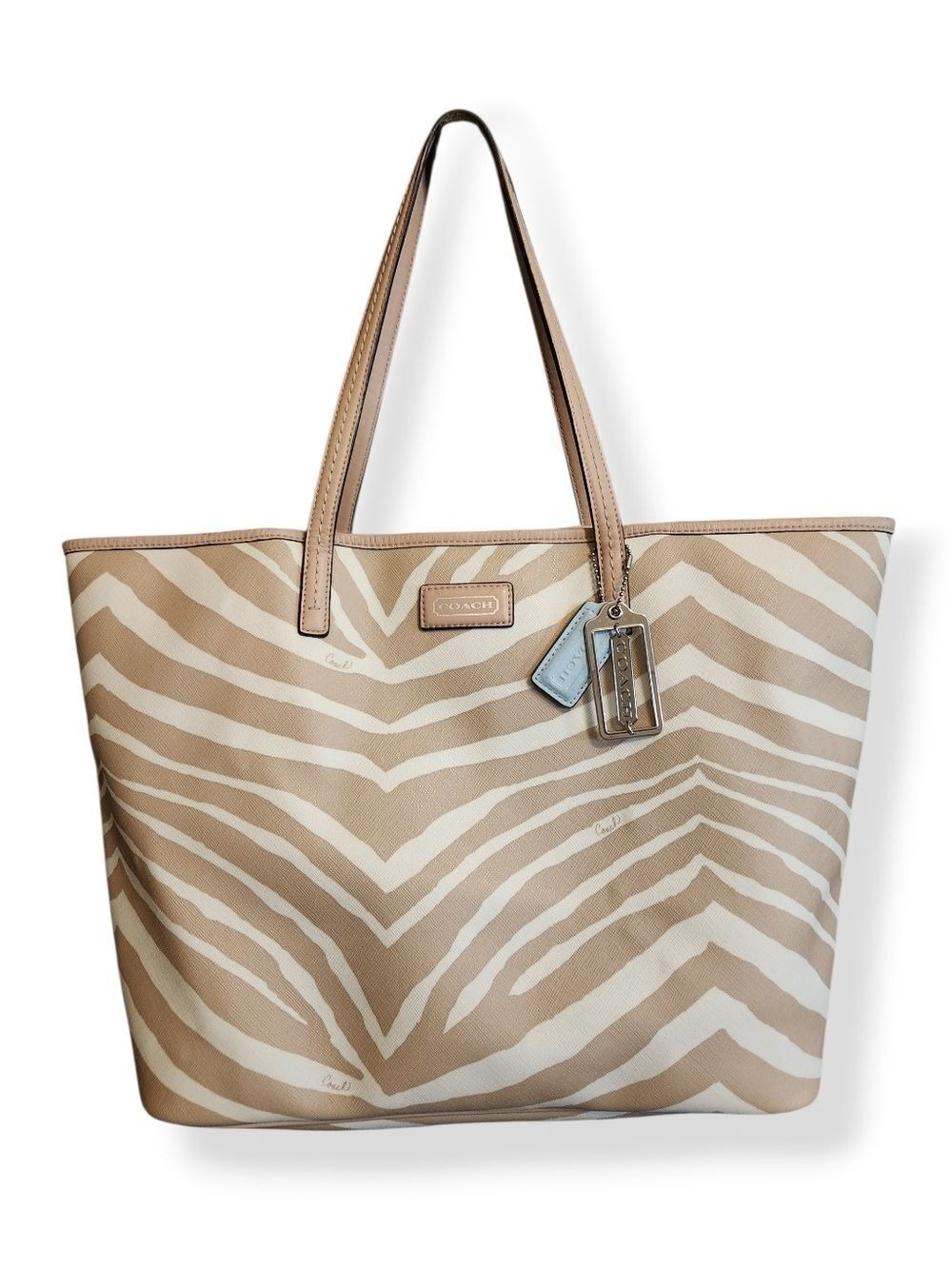 Coach Park Metro Zebra Print Tote Neutral Canvas Leather Trim Large Vintage